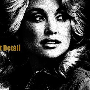 May include: Black and white portrait print featuring a woman with blonde hair and hoop earrings. The image has a grainy texture, with the words "Print Detail" in gold lettering. The woman is looking off to the side.