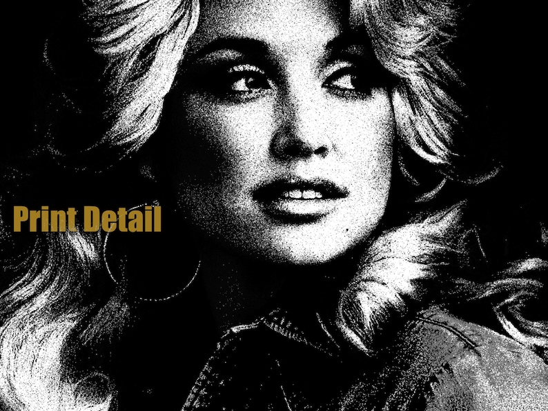 May include: Black and white portrait print featuring a woman with blonde hair and hoop earrings. The image has a grainy texture, with the words "Print Detail" in gold lettering. The woman is looking off to the side.