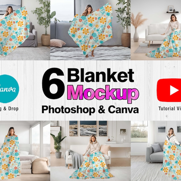 Blanket Mockup Bundle, Canva Women Holding Blanket Mock up Drag Drop Png Photoshop Smart Object Psd Fleece Sherpa Velveteen Plush Microfiber