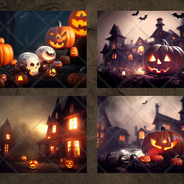 Halloween Backgrounds - Halloween Landscape Digital Papers - Halloween Wallpapers - Halloween Backdrops - Spooky Season Scenery Art Graphics