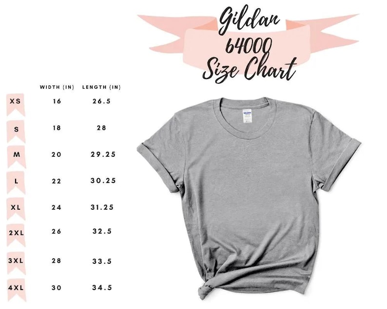 May include: A gray Gildan 64000 t-shirt with a size chart. The chart lists width and length measurements in inches for sizes XS to 4XL. The shirt is displayed on a white background.