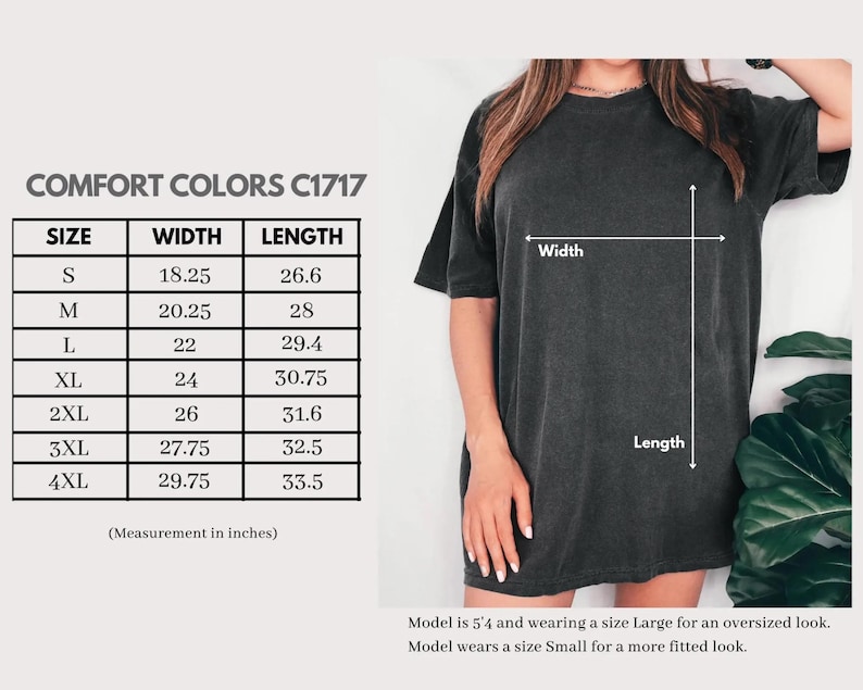 Peut inclure: Tableau des tailles pour un t-shirt avec des mesures en pouces. Le tableau indique la largeur et la longueur du t-shirt dans les tailles S, M, L, XL, 2XL, 3XL et 4XL. COMFORT COLORS C1717.