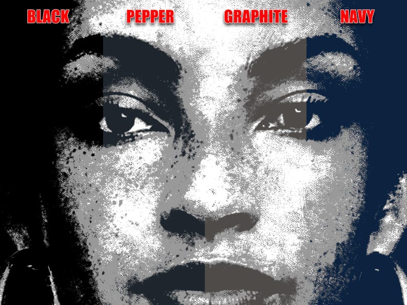 Peut inclure: Gros plan sur le visage d'une femme avec des arri&egrave;re-plans de diff&eacute;rentes couleurs. Le c&ocirc;t&eacute; gauche est noir, le milieu est poivre, le c&ocirc;t&eacute; droit est graphite et l'extr&ecirc;me droite est marine.