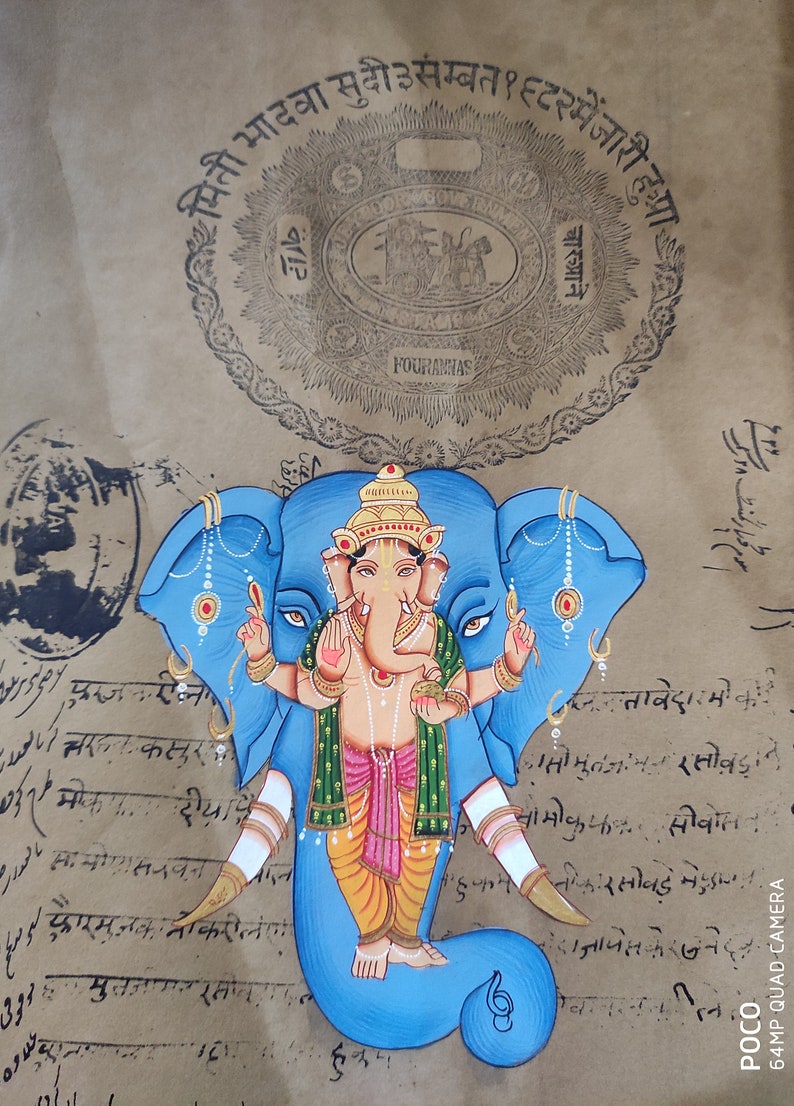 handcrafted handmade pianting Fine Detailed Indian Miniature Painting of lord ganesh on old inaian stamp paper