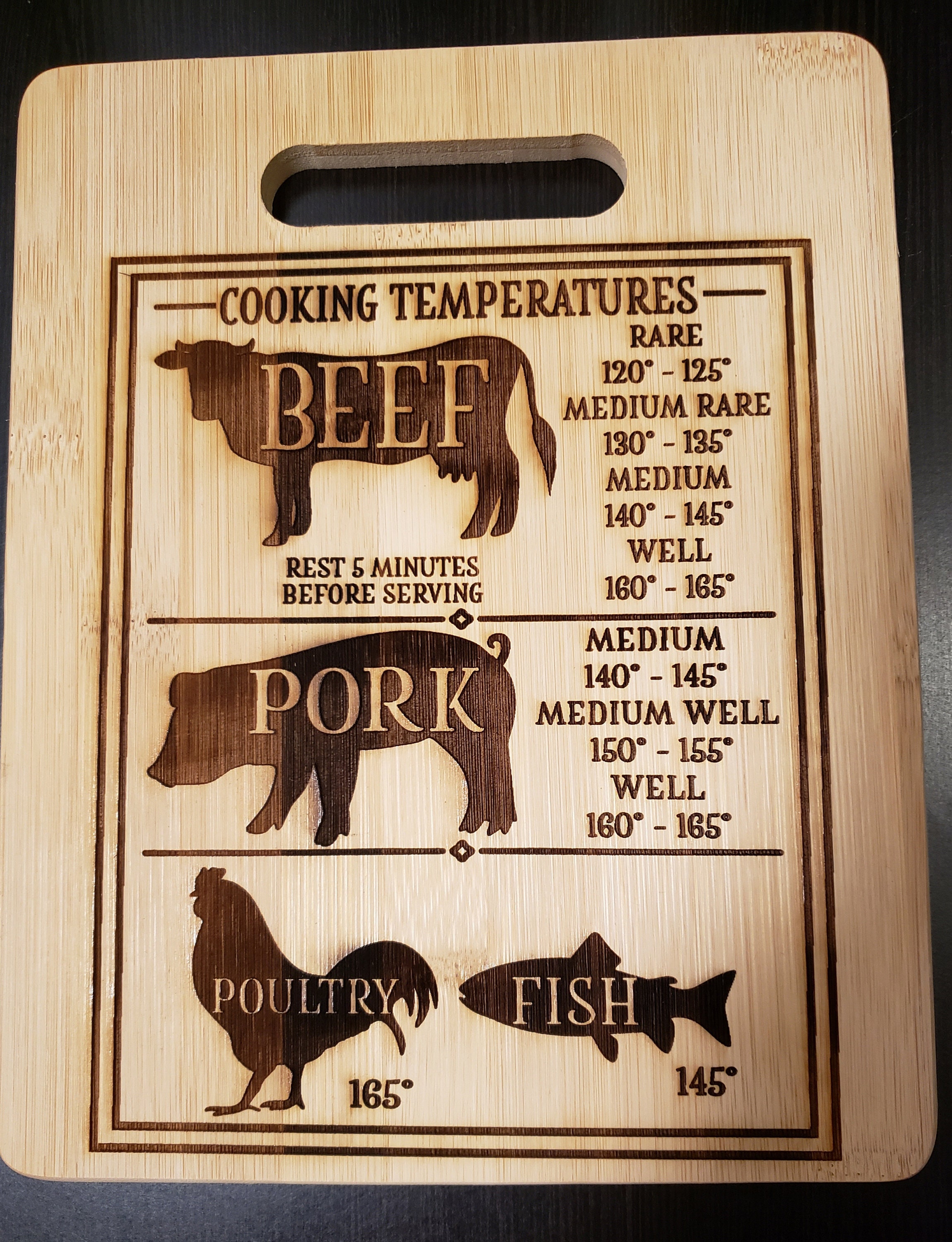 Meat Temperature Wood Laser Engraved Magnet Fish Beef Chicken Pork 