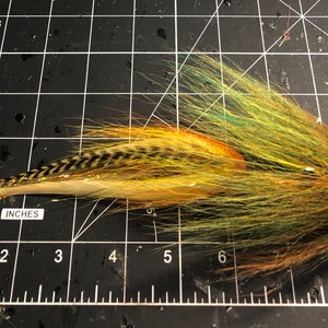May include: A long, multi-colored fly fishing lure with a white feather tail, black and gold feathers, and green and brown feathers. The lure is about 9 inches long and is lying on a black gridded surface.