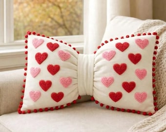 Handmade Mother's Day Pillow | Punch Needle Hearts, Pom Pom Trim, Kids Room Decor