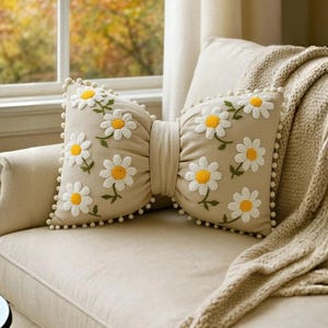 Handmade Spring  Daisy Embroidery Bow Pillow – Linen Cushion Cover, Pom Poms