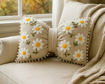 Handmade Spring  Daisy Embroidery Bow Pillow – Linen Cushion Cover, Mother Day Gift