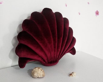 Gift,Burgundy Velvet mussel Sea shell Pillow, Throw Velvet shell Pillow, , Pillow Seashell pillow,  sea shell shaped cushions