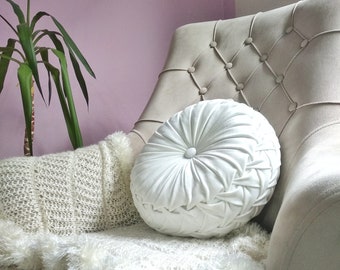 White Round Velvet Decorative Pillow, Throw Velvet Fabric Pillow, White Round decor velvet Pillow, , White Circular Pillow