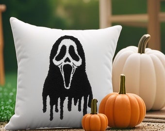 Spooky Ghost Punch Needle Pillow: Halloween Linen Cushion (16 Inch)