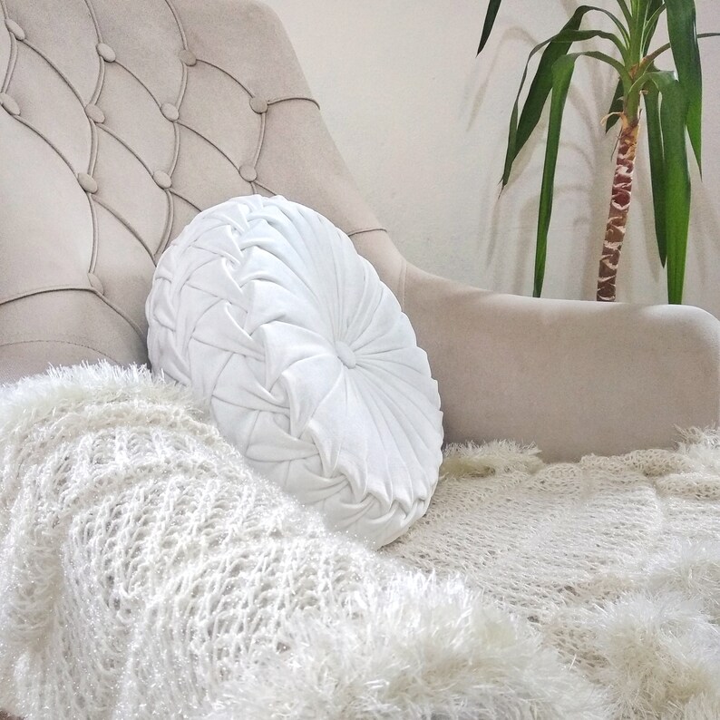 Mother's Day Gift,White Round Velvet Decorative Pillow, Throw Velvet Fabric Pillow, White Round decor velvet Pillow, , White Circular Pillow image 2