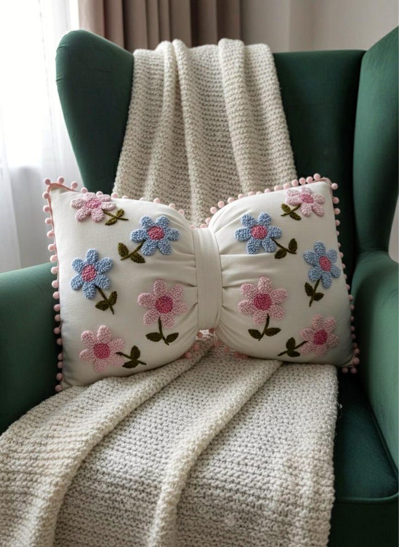 Handmade Bow Pillow Cover – Linen Spring Daisy Embroidery, Cottagecore Decor, Mother Day Gift image 6