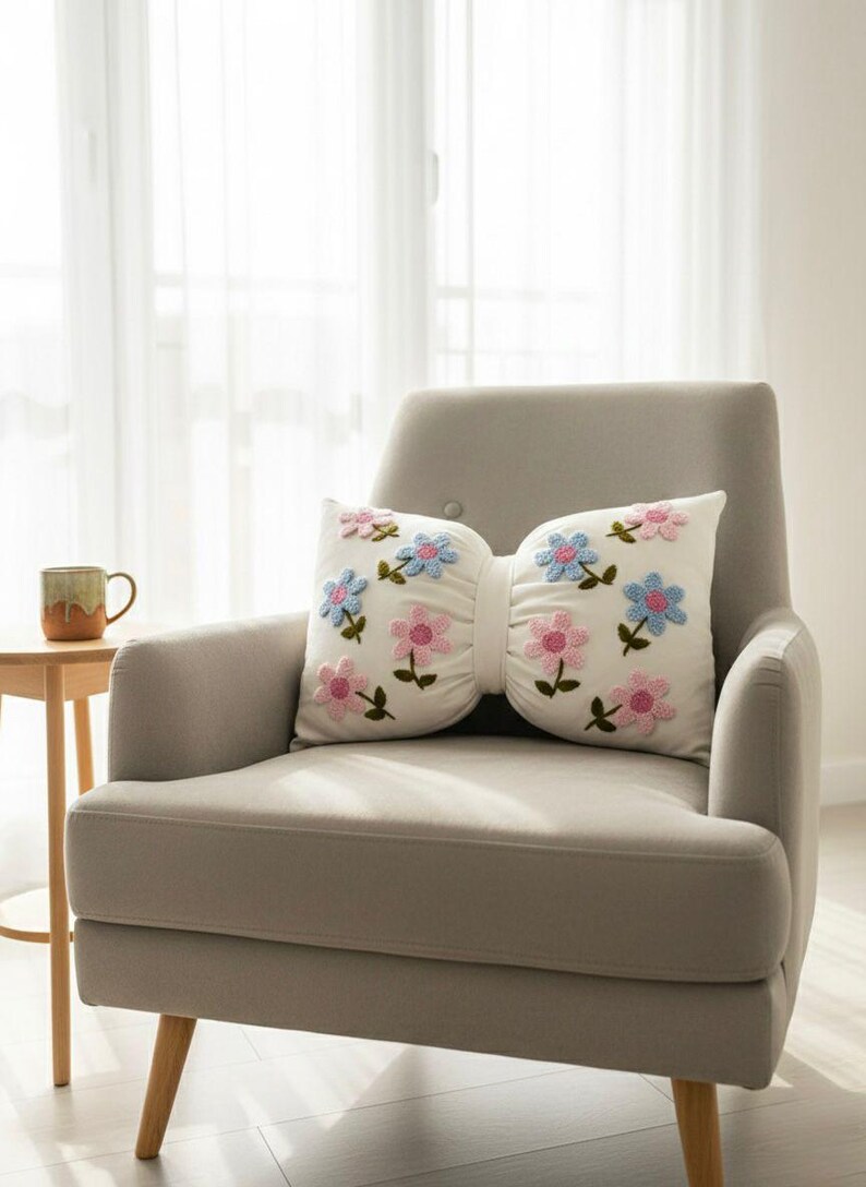 Handmade Bow Pillow Cover – Linen Spring Daisy Embroidery, Cottagecore Decor, Mother Day Gift image 5
