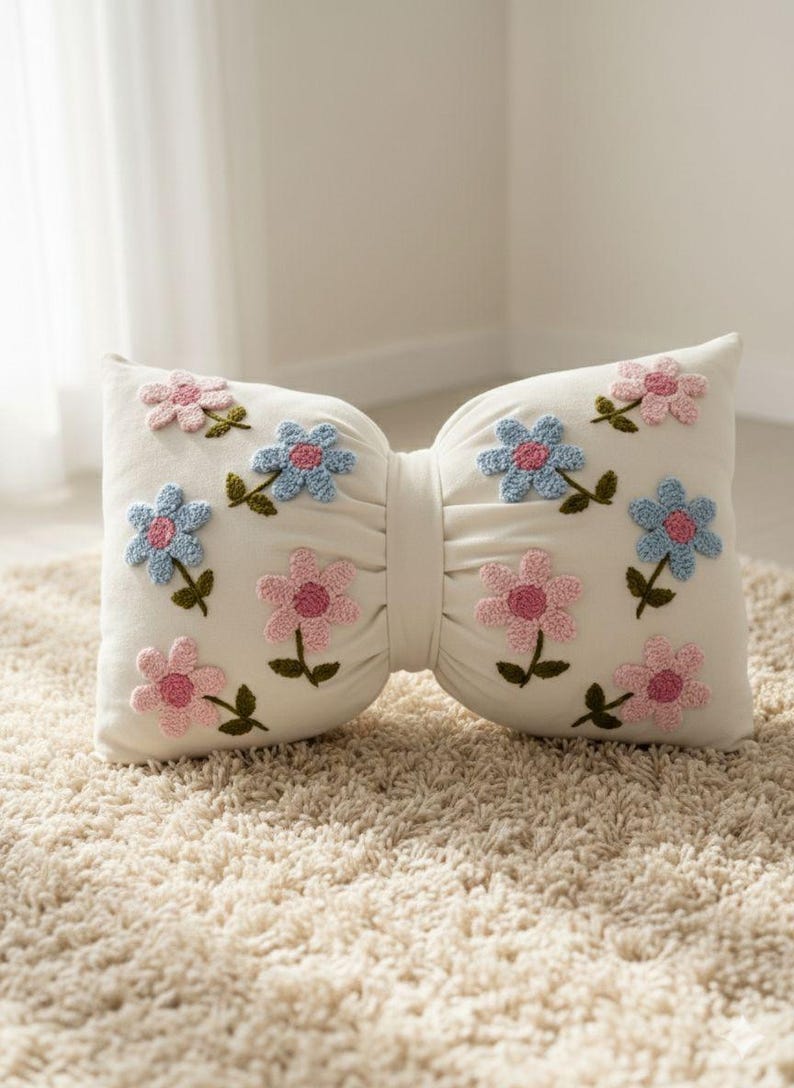 Handmade Bow Pillow Cover – Linen Spring Daisy Embroidery, Cottagecore Decor, Mother Day Gift style 2