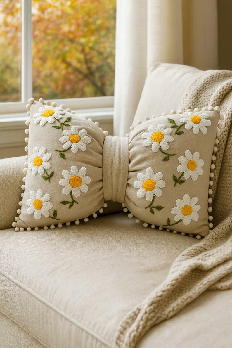 Beige linen bow pillow with handmade daisy embroidery, styled on a modern minimalist sofa.