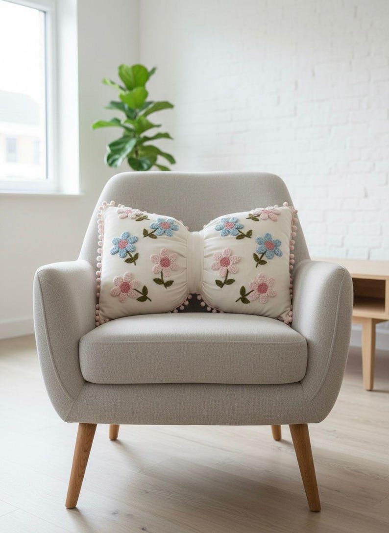 Handmade Bow Pillow Cover – Linen Spring Daisy Embroidery, Cottagecore Decor, Mother Day Gift image 8