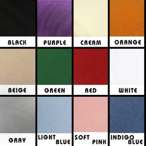 May include: A grid of fabric swatches in various colors, including black, purple, cream, orange, beige, green, red, white, gray, light blue, soft pink, and indigo blue. Each swatch has its color name printed in a bold, white font.