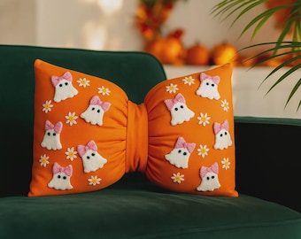 Handmade Halloween Ghost Pillow: Punch Needle Orange Bow, Daisy Embroidery