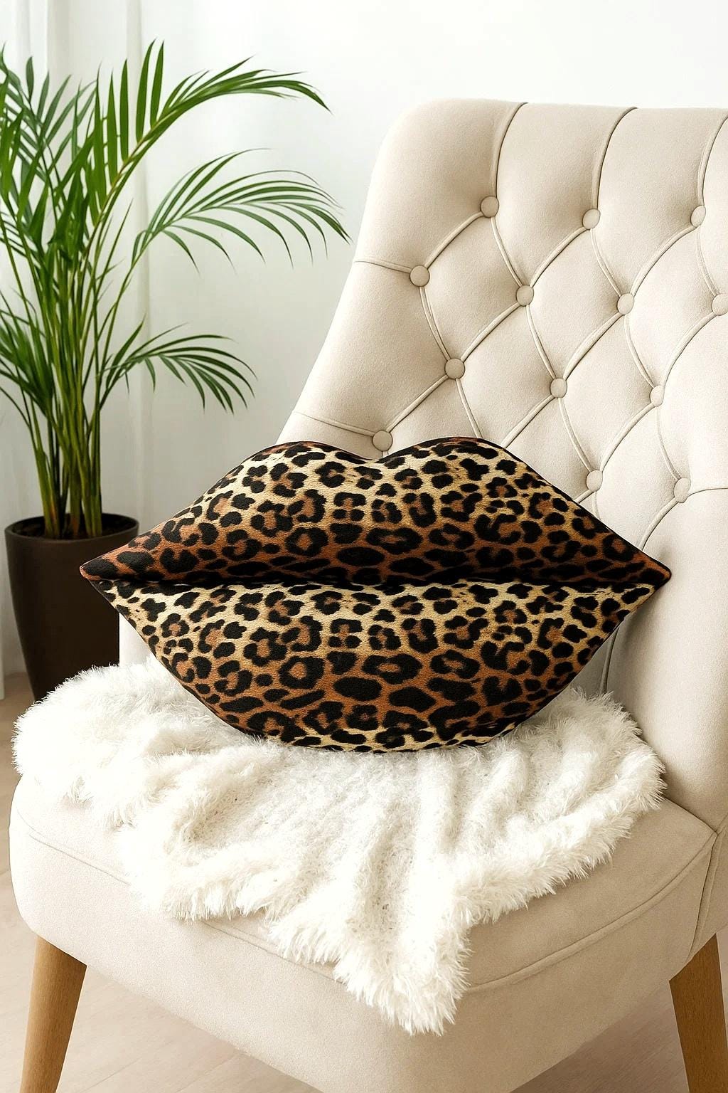 Leopard Lip Pillow – Lip Shaped Linen Cushion, Animal Print Throw Pillow, Glam Decor for Bedroom, Girls Room or Gift Idea
