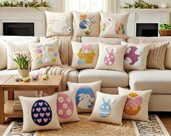 Easter Bunny Punch Needle Pillow Cover, Tufted Spring Linen Cushion,Easter Gift for Kids