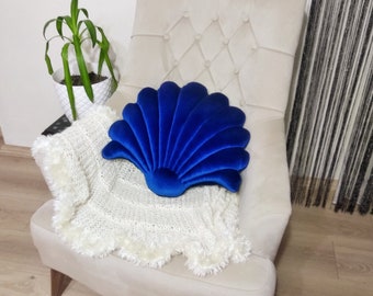 Mother's Day Gift,Gift,Sax Blue Velvet mussel Sea shell Pillow,Dark Blue Throw Velvet shell Pillow,Shell cushion,Pillow Seashell pillow