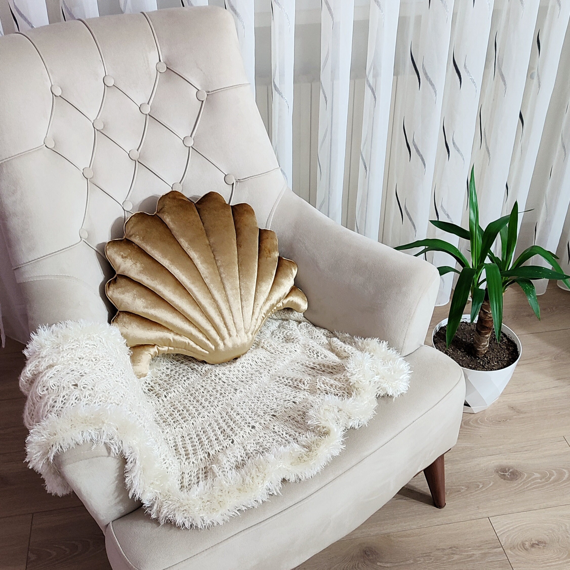 Golden Yellow Oyster Seashell Pillow - Lux Velvet Decorative Throw Pillow - Elegant Modern Cushions