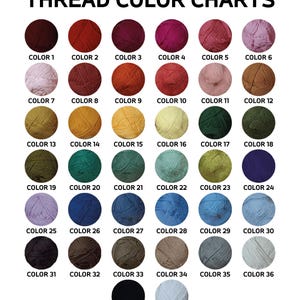 May include: A color chart displaying 38 different yarn colors. The colors are arranged in a grid, each represented by a small, round swatch with a corresponding number. The text "THREAD COLOR CHARTS" is at the top.