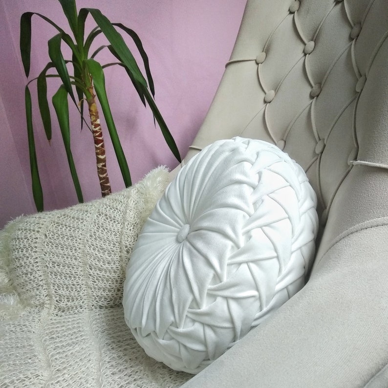 Mother's Day Gift,White Round Velvet Decorative Pillow, Throw Velvet Fabric Pillow, White Round decor velvet Pillow, , White Circular Pillow image 5