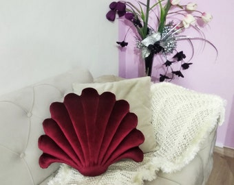 Mother's Day Gift,Dark Red Velvet mussel Sea shell Pillow, Throw Velvet shell Pillow,Shell cushion, Pillow Seashell pillow,shaped cushions