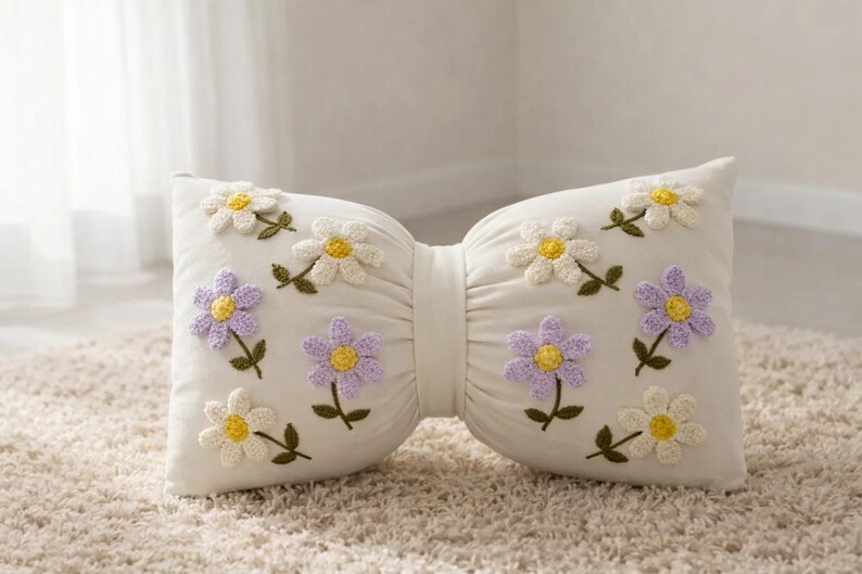 Handmade Bow Pillow Cover – Linen Spring Daisy Embroidery, Cottagecore Decor, Mother Day Gift image 10