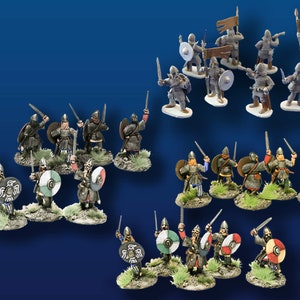 May include: A collection of 25 hand-painted miniature figures depicting Viking warriors. The figures are posed in various fighting stances, holding swords and shields. The figures are painted in shades of grey, brown, and red, with details in black and white.