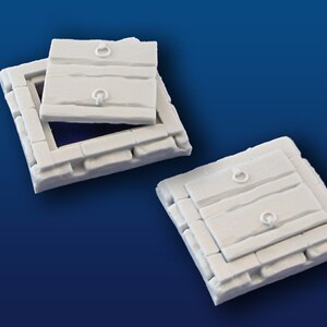 May include: Two white, square, wooden trap doors with metal ring handles. The trap doors are closed in one image and open in the other.