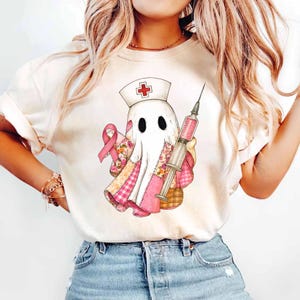 Ghost Nurse Halloween Breast Cancer Shirt, In October We Wear Pink Shirt, Nurse Breast Cancer Shirt, Breast Cancer Awareness Shirt Gifts