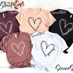 Hand Drawn Heart Custom Text Shirt, Your Name Heart Line Shirt, Mom Shirt, Grandma Shirt, Personalized Shirt, Customized Heart Shirt