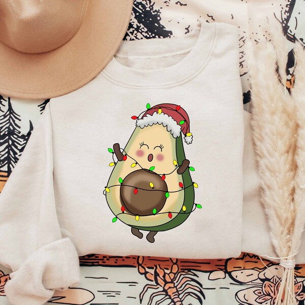 Avocado Christmas Sweatshirt, Cute Avocado With Santa Hat & Christmas Lights, Funny Avocado Shirt, Christmas Gifts For Avocado Lovers