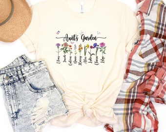 Camiseta de la tía Garden, camiseta personalizada para tía con nombres de niños, regalos personalizados para el día de la madre para tía, regalos para tía, camiseta de flores silvestres