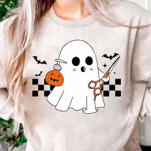 Hairstylist Ghost Halloween Shirt, Spooky Hairstylist Shirt, Hairdresser Halloween Shirt, Trick or TrimTee, Halloween Gift For Hairdresser