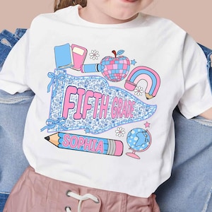 Custom Kids Name 5th Grade Back To School Shirt, Custom Name Flag Shirt, Coquette Girls First Day Of 5th Grade Shirt, Hello Fifth Grade Tees
