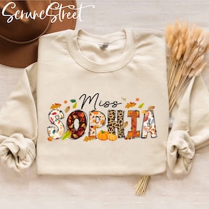 Sudadera personalizada para maestros, camiseta personalizada para maestros, camiseta con nombre personalizado, camiseta de otoño para maestros, camiseta de Acción de Gracias para enfermeras, regalos personalizados