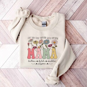 Retro Mama Mother&#39;s Day Sweatshirt, Custom Mama Shirt With Kids Names, Wildflowers Mama Shirt, New Mama Gifts, Mothers Day Gifts For Mama