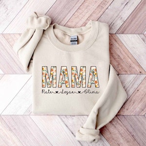 Retro Mama Mother&#39;s Day Sweatshirt, Custom Mama Shirt With Kids Names, Wildflowers Mama Shirt, New Mama Gifts, Mothers Day Gifts For Mama