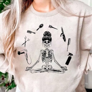 Hairstylist Skeleton Halloween Sweatshirt, Spooky Hairstylist Shirt, Hairdresser Halloween Shirt, Trick or Trim Shirt, Hairdresser Gifts