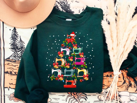 Christmas Sewing Sweatshirt, Quilting Christmas T-shirt, Sewing Machine Christmas Tree Shirt, Xmas Gifts For Sewer Sewing Quilting Lovers
