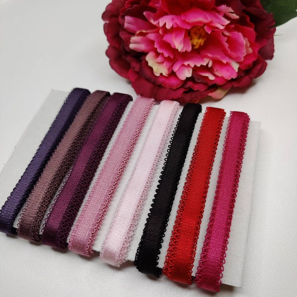 10 mm BH-Trägerband mit Bogen/ 1 cm or 3/8" strap elastic. himbeere, rosa, schwarz, rot, blush pink, black, rasberry, plum, beery IDtrx20