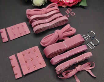 Haberdashery sewing kit for bra making with underwire tape, strap tape, underbust band, decorative braid, bra clasp, rings, sliders, old rose/flamingo IDbhkwx7
