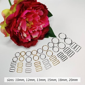 5x Set of rings and sliders for bra strap elastic 10mm (3/8inch), 12mm(1/2),  13mm(1/2), 15mm(5/8), 18mm(3/4), 20mm (13/16) i chrome or gold