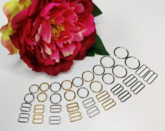 5x Set of rings and sliders for bra strap elastic 10mm (3/8inch), 12mm(1/2),  13mm(1/2), 15mm(5/8), 18mm(3/4), 20mm (13/16) i chrome or gold