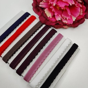 10mm wide underbust elastic with picot edge in red, black, white, pink, brown, purple, plum IDelx19